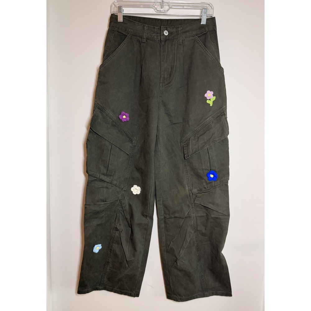 Tide XTD Cargo Pants Women M Olive Green NWT Crochet Flower Applique Wide Leg
